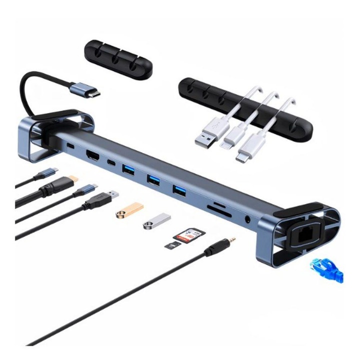 Хъб USB адаптер 10 в 1 Поддръжка за лаптоп MOSMAOO®, зареждане 100 W PD, SD/TF карта, аудио 3,5 мм, стойка за лаптоп и докинг станция, подходящи за Macbook Air/Pro, Ipad, сив