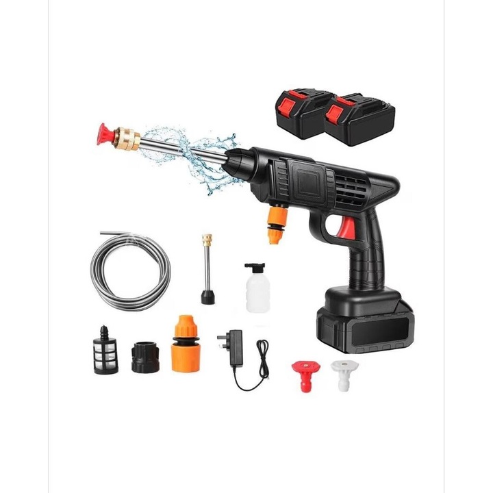 Pisztoly típusú magasnyomású mosó, HYT ®, Hordozható 2 db 48 V-os akkumulátorral, Teljesítmény 500 W, 8L/perc, 3 Jet üzemmód, Vezeték nélküli, Tartozékok, Fekete