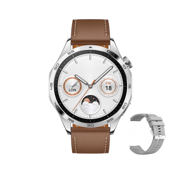 Смарт часовник WatchFit GT5, Super AMOLED екран, Ultra HD, меню на румънски език, Винаги включен дисплей, GPS, ЕКГ, пулс, кислород в кръвта, кръвно налягане, наблюдение на съня, функция за повикване, водоустойчив IP68, сив/сребрист