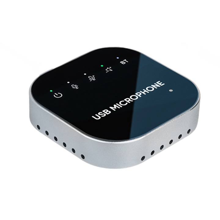 USB/Vezeték nélküli konferencia mikrofon, VENTART, hangszóróval, PC/telefon, Bluetooth, Omnidirectional, Streaming, Élő, Videokonferencia, 360°-os hangrögzítés, Kompakt, Fekete