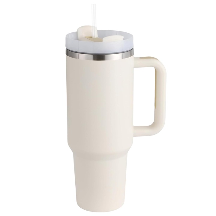 Cana termos cu maner si pai, JESWO®, Design Ergonomic, Izolatie Eficienta, pentru bauturi calde/reci, inox, 1200ml, Alb