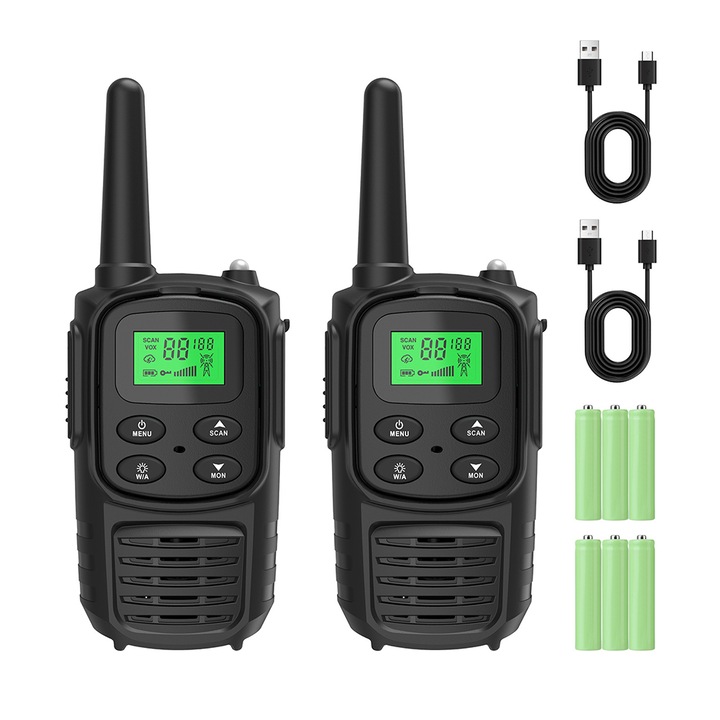 Комплект от 2 радиостанции JESWO Walkie Talkie, презареждаеми, LCD екран, 5 km обхват, 8 канала, предупреждение за времето на NOAA, LED фенерче, черно