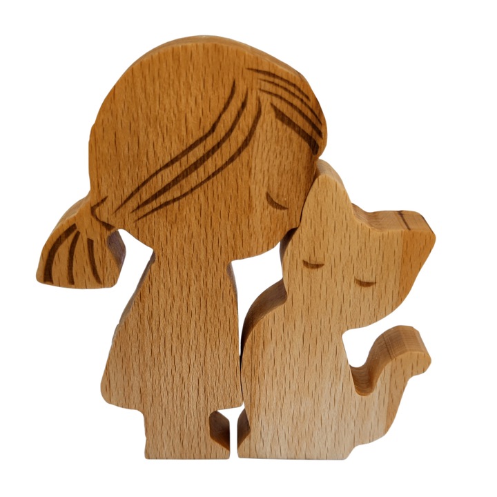 Figurina decorativa din lemn de fag Maria si Miau, 12.5 x 11.5 cm