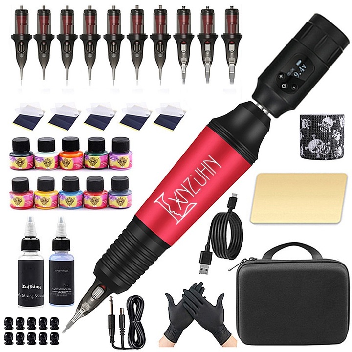 Set Profesional Tatuaje LXNZUHN, Pen Motor, 10 Ace, 10 Culori Cerneala 5ml, Geanta Neagra, 23x20x9cm