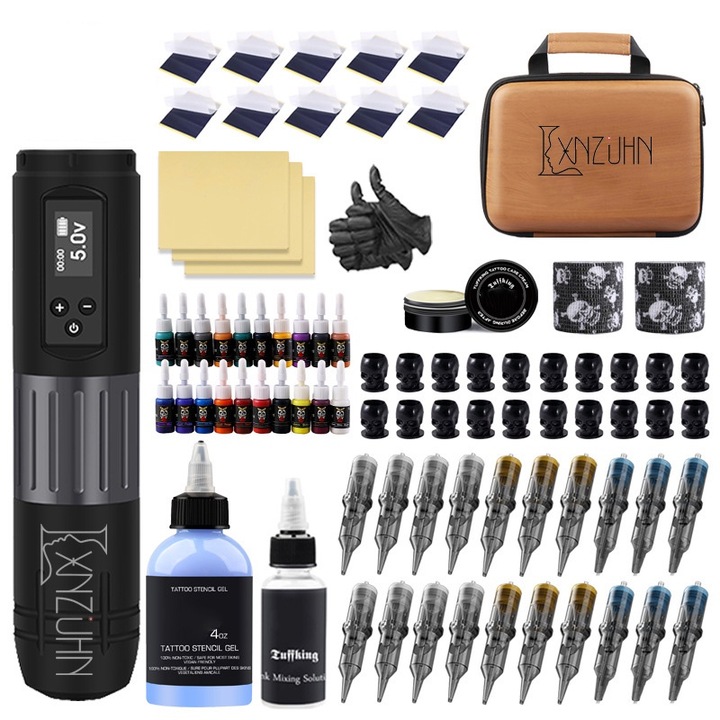 Set complet pentru tatuaj LXNZUHN, pen cu baterie P2, 20 ace, 20 culori, geanta