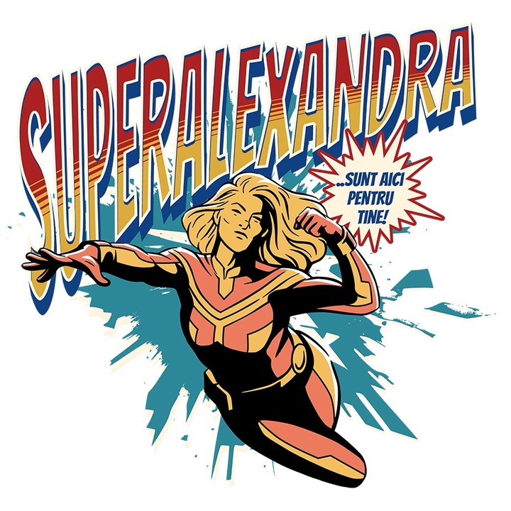 Sticker Super Alexandra, SuperErou Sunt Aici Pentru Tine cu Margini Albe, PVC Vinyl 28 cm
