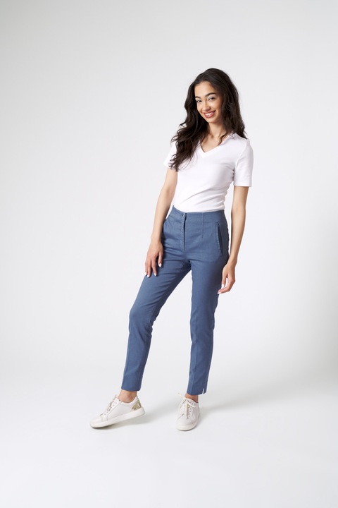 Pantaloni Secuiana office-casual, cu pense, albastru inchis, Bumbac