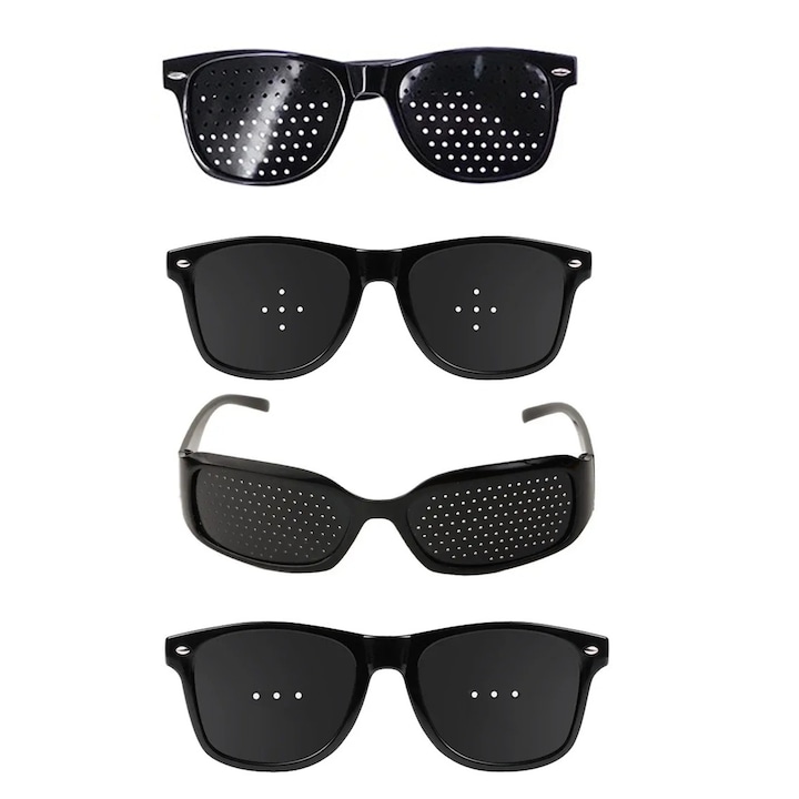 Set 4 buc Ochelari Pinhole-Stenopici, NUODWELL, Amelioreaza oboseala, Pentru Protectie si Corectarea Vederii, Unisex, Plastic, Negru