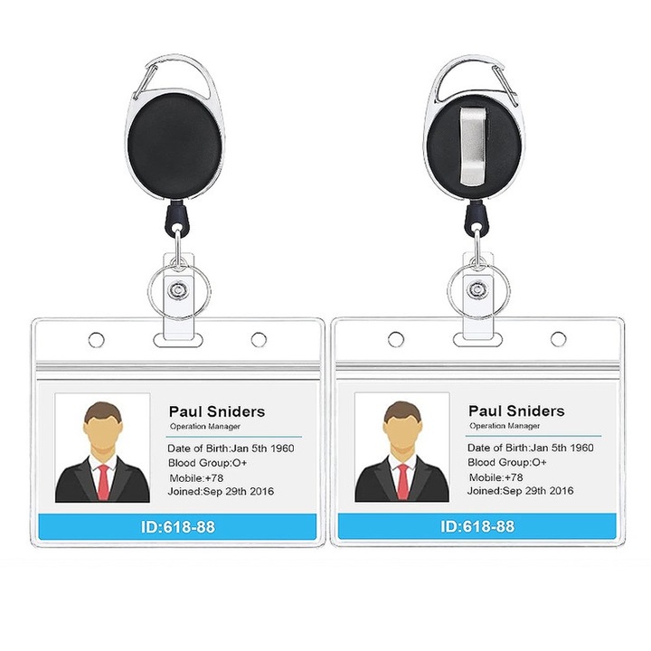 Set 2 Suporturi Orizontale pentru Ecuson cu Clips, Carabina Rezistenta, Snur Retractabil 24", Transparent