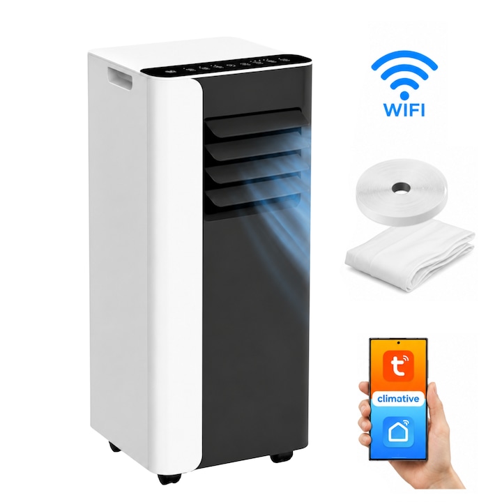 Aparat aer conditionat portabil 9 000 BTU Climative MINI, Wi-Fi, Tuya Smart, Racire, Ventilatie, Dezumidificare 24l/24h, Debit de aer unitate interna 340 m³/h, Night mode, Temporizator 24h, etansare fereastra, pentru incaperi pana la 26 m², Alb/Negru