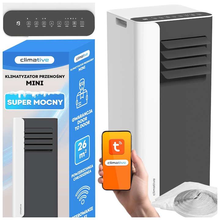 Преносим климатик 9000 BTU Climative MINI, Wi-Fi, Tuya Smart, Охлаждане, Вентилация, Обезвлажняване 24 л/24 ч, Въздушен поток на вътрешния блок 340 м³/ч, Нощен режим, 24-часов таймер, Уплътняване на прозорци, за помещения до 26 м², Черен/Бял