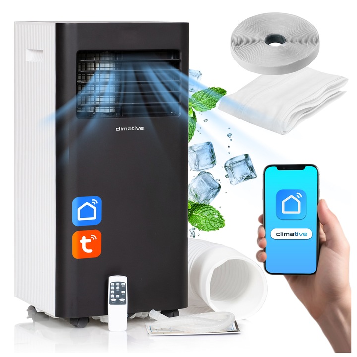 Преносим климатик 10 000 BTU Climative DUO, Wi-Fi, Tuya Smart, Охлаждане, Вентилация, Обезвлажняване 24 л/24 ч, Дебит на въздуха на вътрешното тяло 310 м³/ч, Нощен режим, Таймер 24 ч, уплътнение за прозорец, за помещения до 30 m², Бял/Черен
