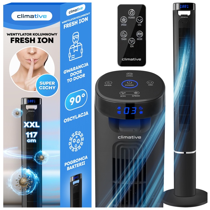 Ventilator turn, Climative Fresh ION, 117 cm XXL, 3 viteze, Ionizare, 3 moduri, Oscilatie 90°, Rotatie automata, Temporizator 12h, Afisaj LED, Telecomanda, Sleep mode, 50 W, Maner transport, Pentru incaperi de pana la 30 m², Negru mat