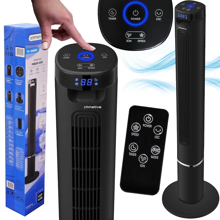 Toronyventilátor Climative Fresh ION 117 cm Ionizálás, 3 üzemmód, 90°-os oszcilláció, Automatikus forgás, 12 órás időzítő, LED kijelző, Távirányító, Sleep mode, 50 W, Akár 30 m²-re, Matt fekete