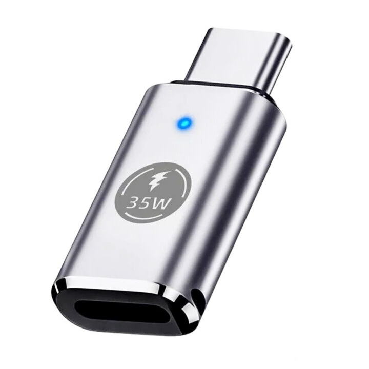 Адаптер за бързо зареждане с USB Type-C към Lightning конектори Salestore.ro®, 35 W, Алуминиева сплав + PVC, Еднопосочен, 3 x 1, 25 x 0, 65 cm, Сребрист