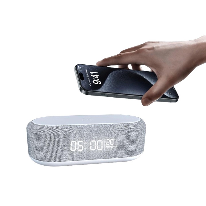 Декоративен часовник LYCENXI с безжично зареждане, LED лампа, Bluetooth високоговорител, бял