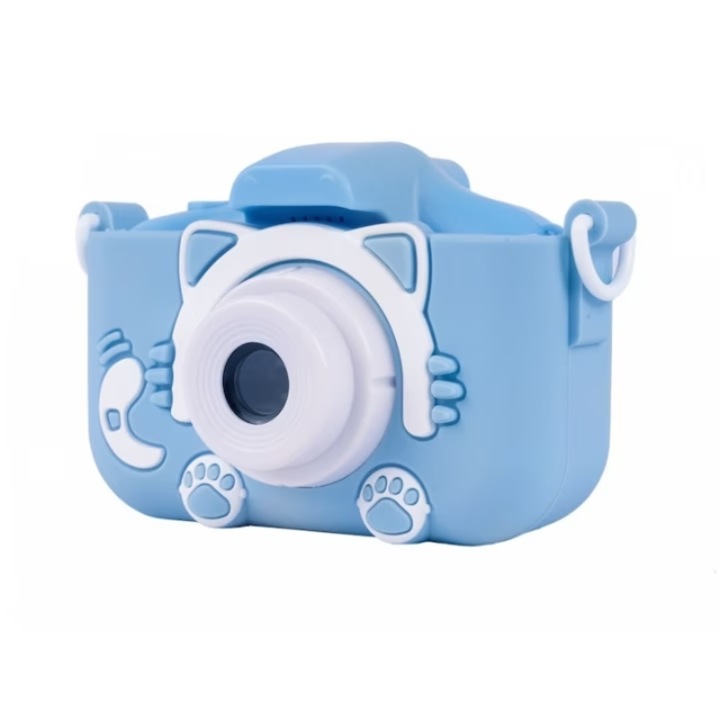 Aparat foto/video KOMAZI® pentru copii, model pisicuta, ecran LCD de 2.0 inch, camera duala, jocuri, rezolutie foto 20MP, video 1080P Full HD, culoare albastru, Card 32Gb inclus