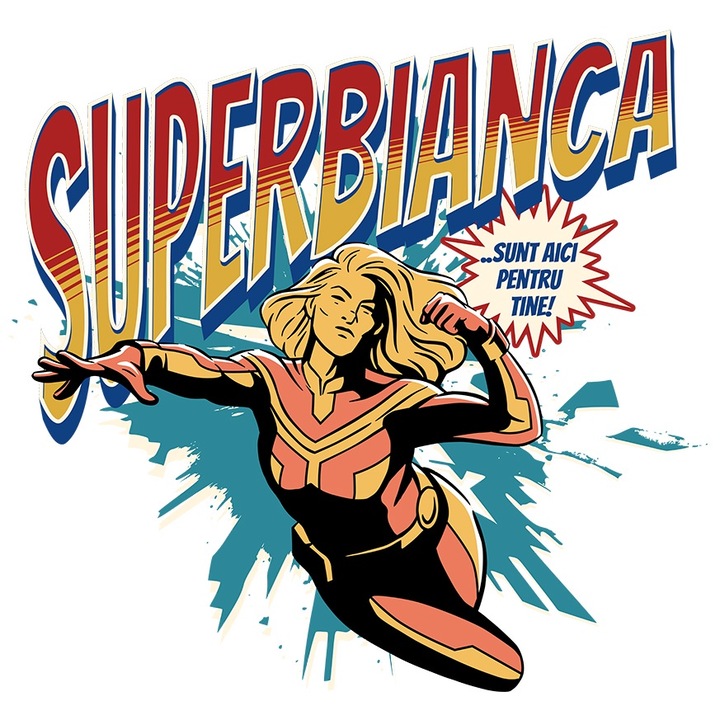 Sticker Super Bianca, SuperErou Sunt Aici Pentru Tine cu Margini Albe, PVC Vinyl 10 cm