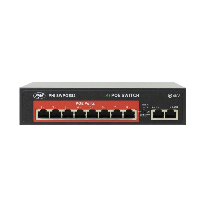 Суич POE PNI SWPOE82, 8 POE 100 Mbps порта и 2 UP Link 100 Mbps порта, 120W, AI Extend функция до 250m, 4kV защита от мълнии