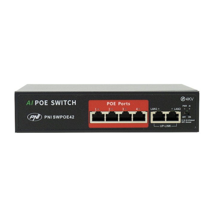 Switch POE PNI SWPOE42, 4 POE 100 Mbps port és 2 UP Link 100 Mbps port, 65 W, AI kiterjesztés funkció 250 m-ig, 4 kV villámvédelem