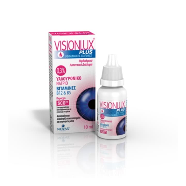 Picaturi oftalmologice lubrifiante Visionlux Plus cu 0.3% acid hialuronic, 10ml, pentru ochi uscati si iritati