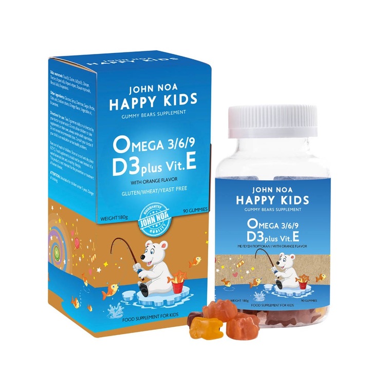 Supliment alimentare pentru copii Happy Kids, JOHN NOA, Omega 3/6/9, Vitamina D3 si E, Aroma de portocale, 90 jeleuri