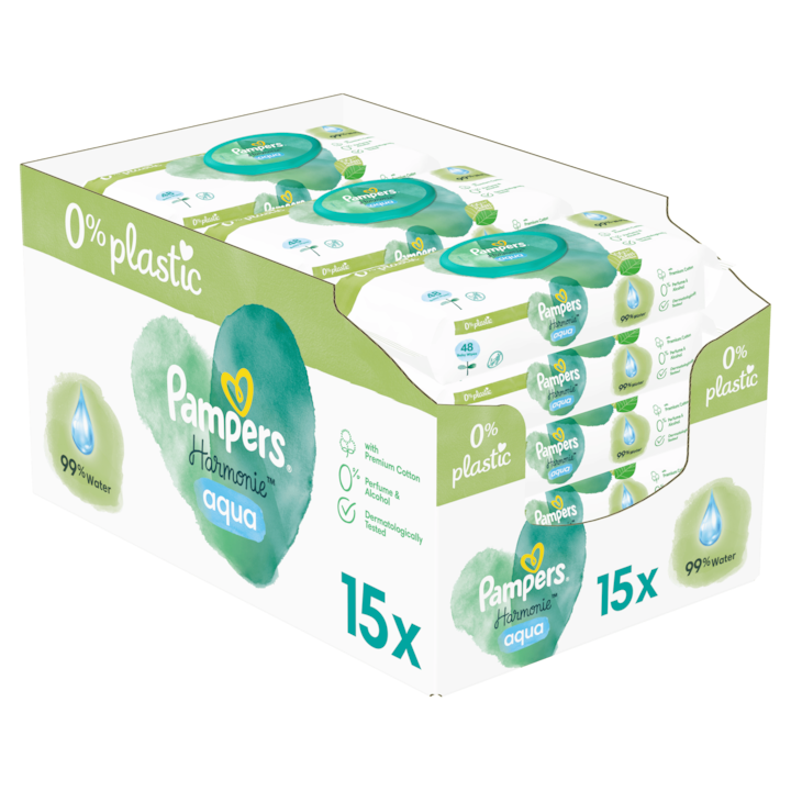 Servetele umede bebelusi Pampers Harmonie Aqua, 99% apa, fara plastici, set 864 bucati