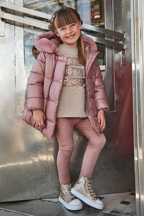 Mayoral, Set de bluza de trening cu paiete si colanti - 2 piese, Maro camel/Roz