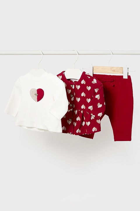 Mayoral, Set de bluza cu model , cardigan si colanti, Rosu