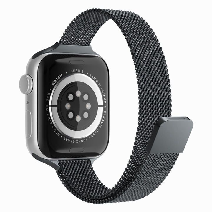 Curea compatibila cu Apple Watch 3 42 mm, Fonix Braided Steel, Milanese Loop, Metalica, Comfortabila, Durabila, Atasare slide-in / slide-out, Negru