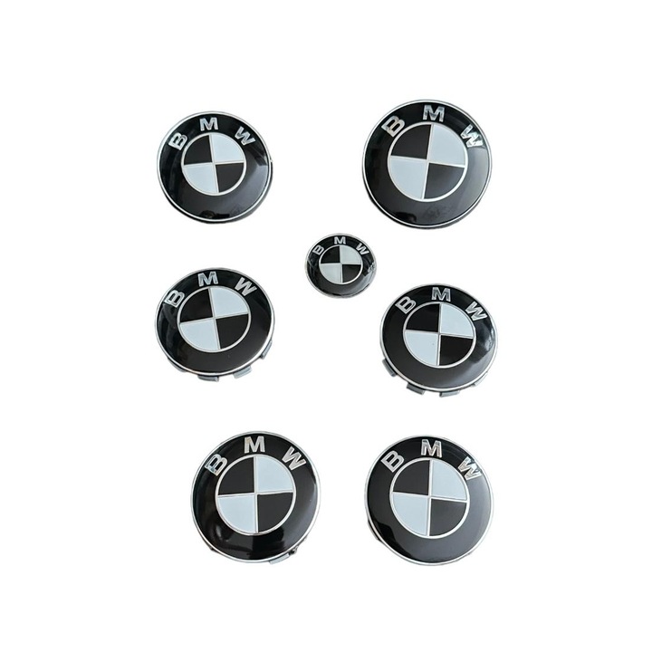 7 db embléma komplett készlete Kompatibilis a BMW motorháztetővel 82mm, csomagtartóval 74mm, kerékburkolattal 68mm, kormányon 44mm logóval, fekete fehérrel