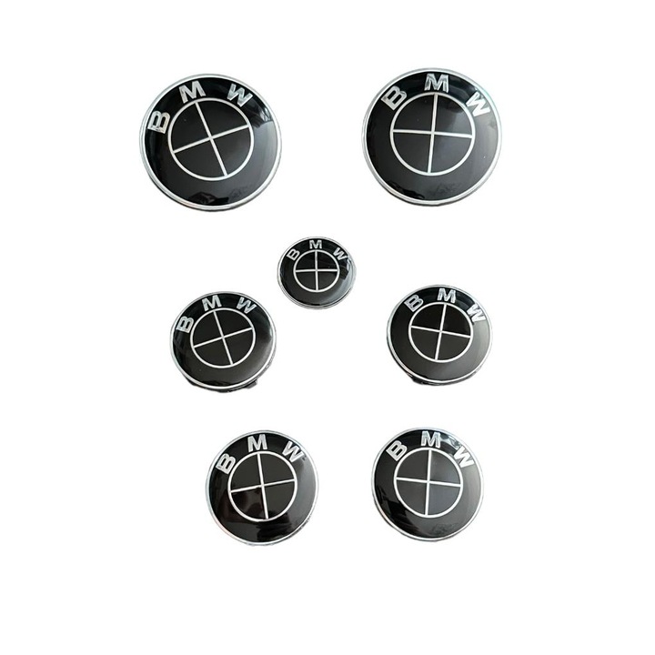 Set Complet 7 Embleme Logo Compatibile BMW capota/portbagaj 82 mm, capace jante 56mm, sigla volan 44 mm, Negru Complet