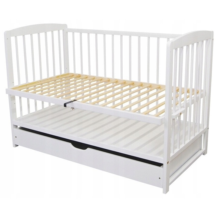 Patut bebe, Andrzej, lemn de pin, 3 nivele de inaltime, alb, 120x60cm