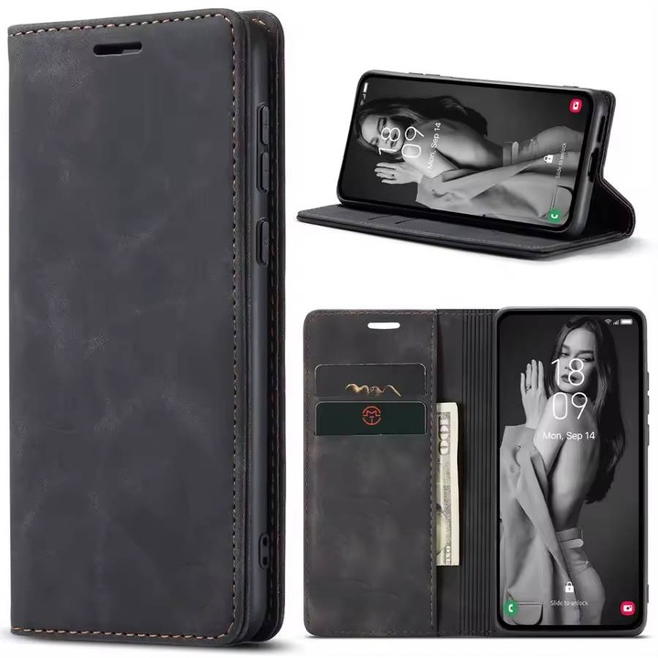 Калъф тип тефтер за Motorola Moto G04 / G24 / G24 Power Retro Business, С магнитно закопчаване, Черен