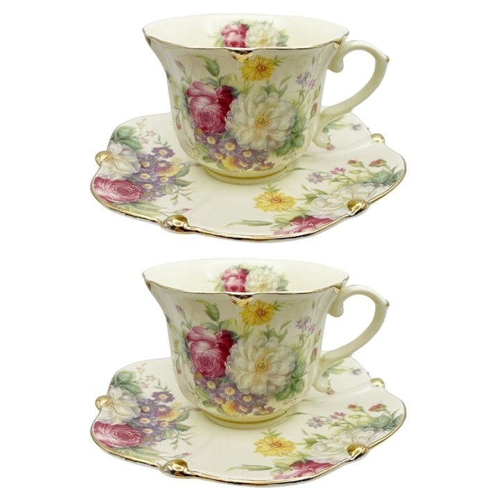 Set Cadou 2 Cesti Flori Multicolore, cu Farfurii elegante, Cutie Cadou, Vintage 180 ml