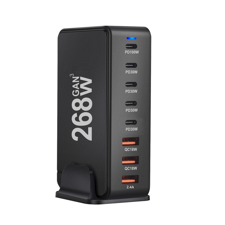 268W GaN зарядна станция 8 порта QC2.0, QC3.0, PD, PD 3.0 USB Type-C Бързо зареждане за смартфон, MacBook Pro, лаптоп, iPad, Samsung Galaxy, iPhone, RiKbo®