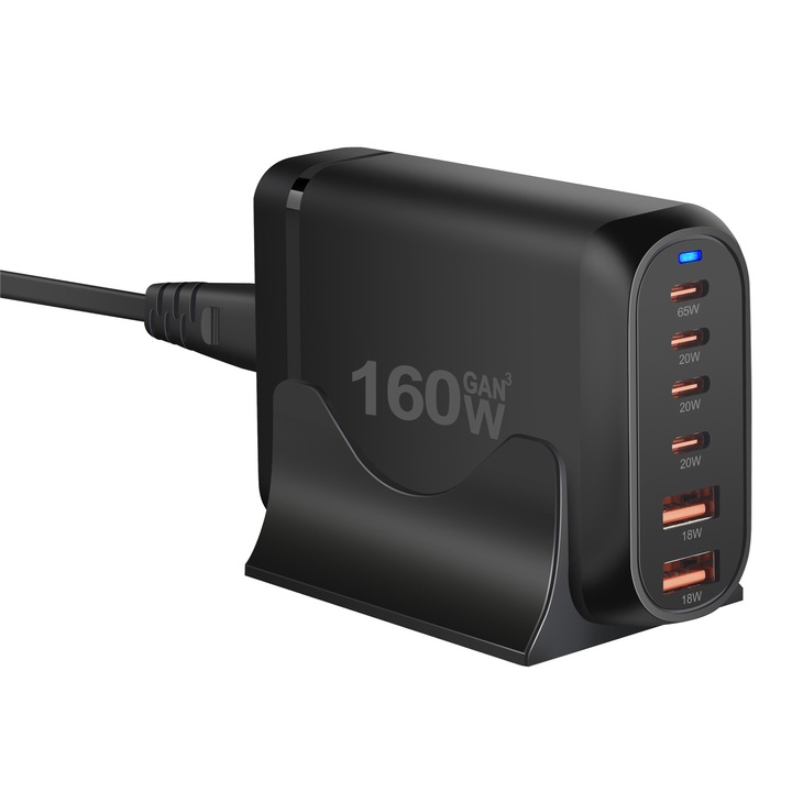 160W GaN3 зарядна станция, 6 порта QC2.0, QC3.0, PD, PD 3.0 USB Type-C бързо зареждане за смартфон, MacBook Pro, лаптоп, iPad, Samsung Galaxy, iPhone, RiKbo®
