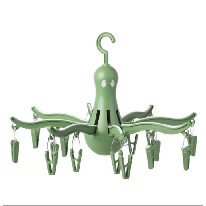 Függesztett ruhaszárító HYVESTO® kampókkal, polip alakú, magassága 26 cm, átmérője 40 cm, 8 karú, 16 horog, műanyag, zöld