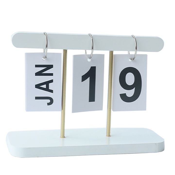 Calendar perpetuu flip, lemn si fier, alb, 20x8x14cm