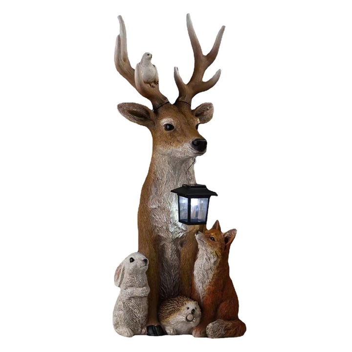 Dekoratív kerti szarvas figura, Jormftte, gyanta, napelemes lámpával, 20,5 x 10 cm, tarka