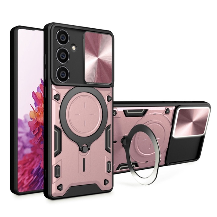 Samsung Galaxy A14 4G / A14 5G tok, CamGuard Pro kitámasztó, kameracsúszka, ütésálló, felső védelem, rózsaszín arany