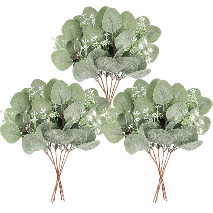 Frunze artificiale Eucalyptus Silver Dollar, 12 bucati, gri-verde pamantiu, aranjamente personalizabile, tulpini din plastic cu fir