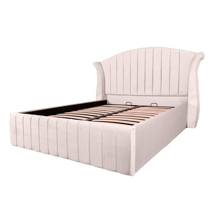 Pat dublu tapitat Miami Simple line 180/200 crem, cu somiera metalica rabatabila si spatiu de depozitare