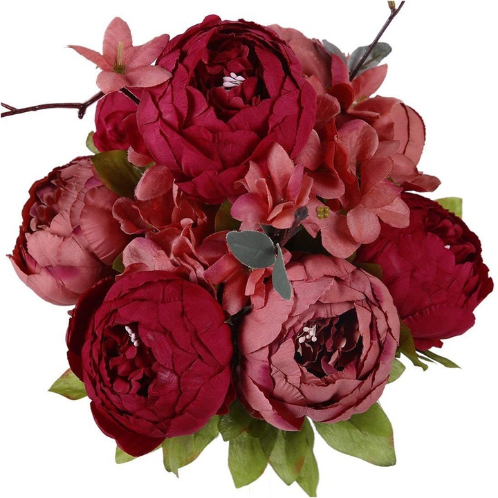 Buchet de bujori din matase, Enforose, aspect vintage, personalizabil, rosu, un buchet