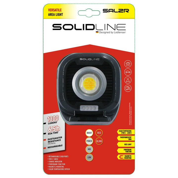 Фенер SAL2R, Solidline, презареждаем, IP54, 60 m, powerbank функция, черен