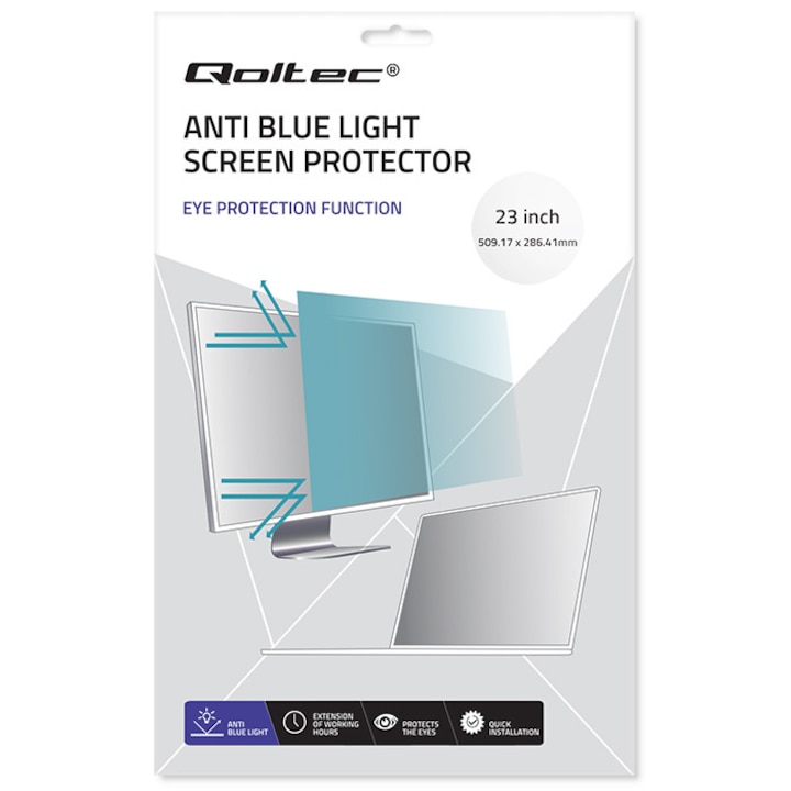 Filtru Monitor Qoltec Protectie Ochi Lumina Albastra 23 inch 16:9 Anti Glare Mat Vedere Sanatoasa Montare Usoara Protectie Radiatii UV Somn Odihnitor Reducere Oboseala Ochi Tehnologie Avansata PET Durabil