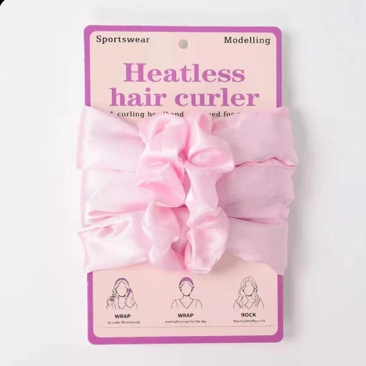 Set Bigudiuri Heatless Curler, Satin, Roz, 90x3.5cm, Include 2 Scrunchies