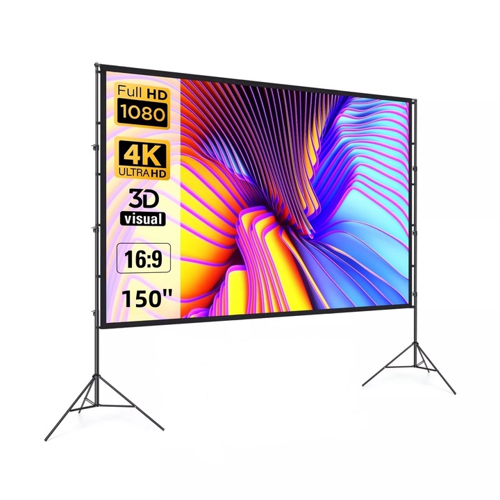 Екран за преносим проектор, MOSMAOO®, сгъваем, HD, 150 инча, 4K, филм на открито, с алуминиева стойка, 16:9, 1080P/3D, черен