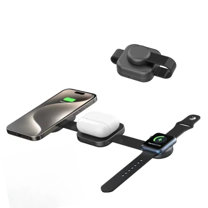 3 az 1-ben összecsukható vezeték nélküli töltő, telefonnal és Apple órával kompatibilis, fekete