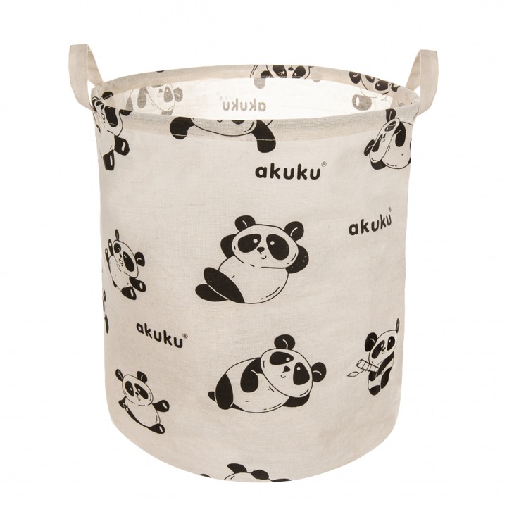 Cos pliabil textil Akuku Panda pentru jucarii/haine cu manere practice, interior impermeabil, dimensiune 37x43 cm, supraimprimare cu desene